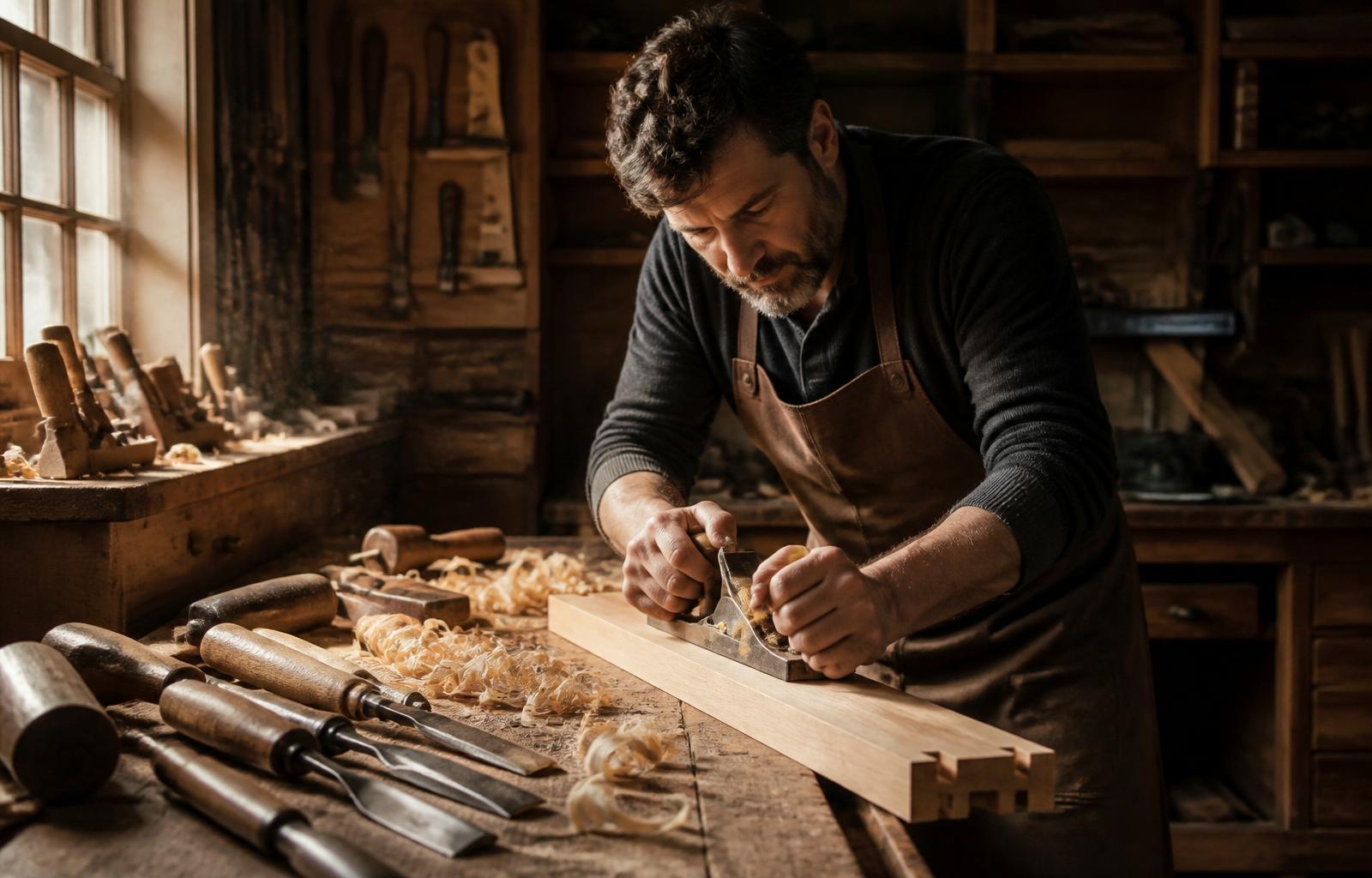 Joiner planing an oak board in a traditional workshop